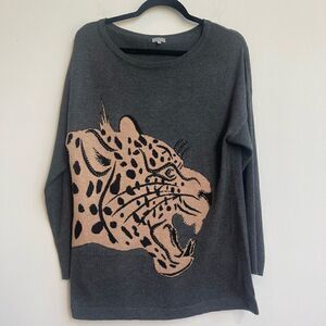 OST Wool Blend Leopard Print Jewel Studded Grey Oversized Sweater - Medium